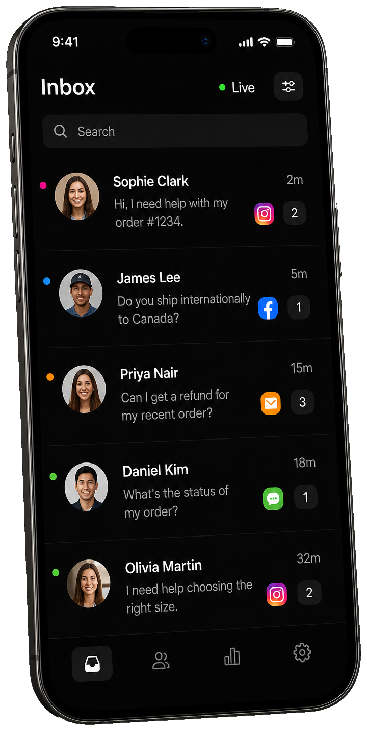 Shopxare inbox on iPhone: conversations from Instagram, Facebook, mail and chat in one list
