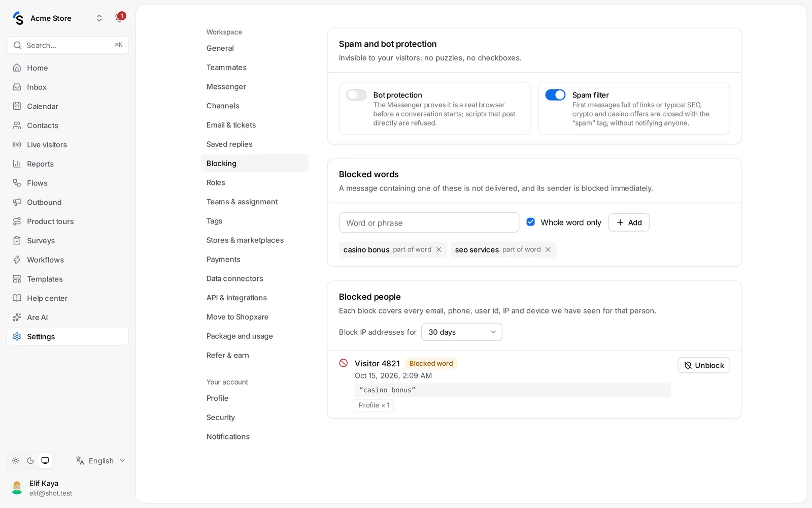 Settings → Blocking
