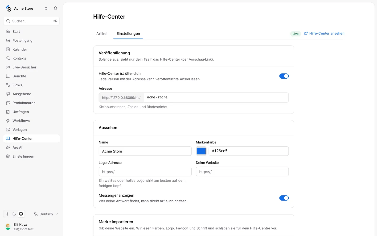 Hilfe-Center → Einstellungen