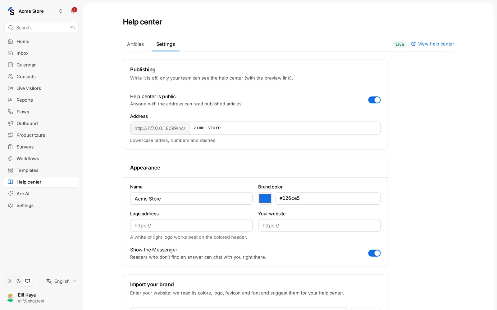 Help center → Settings