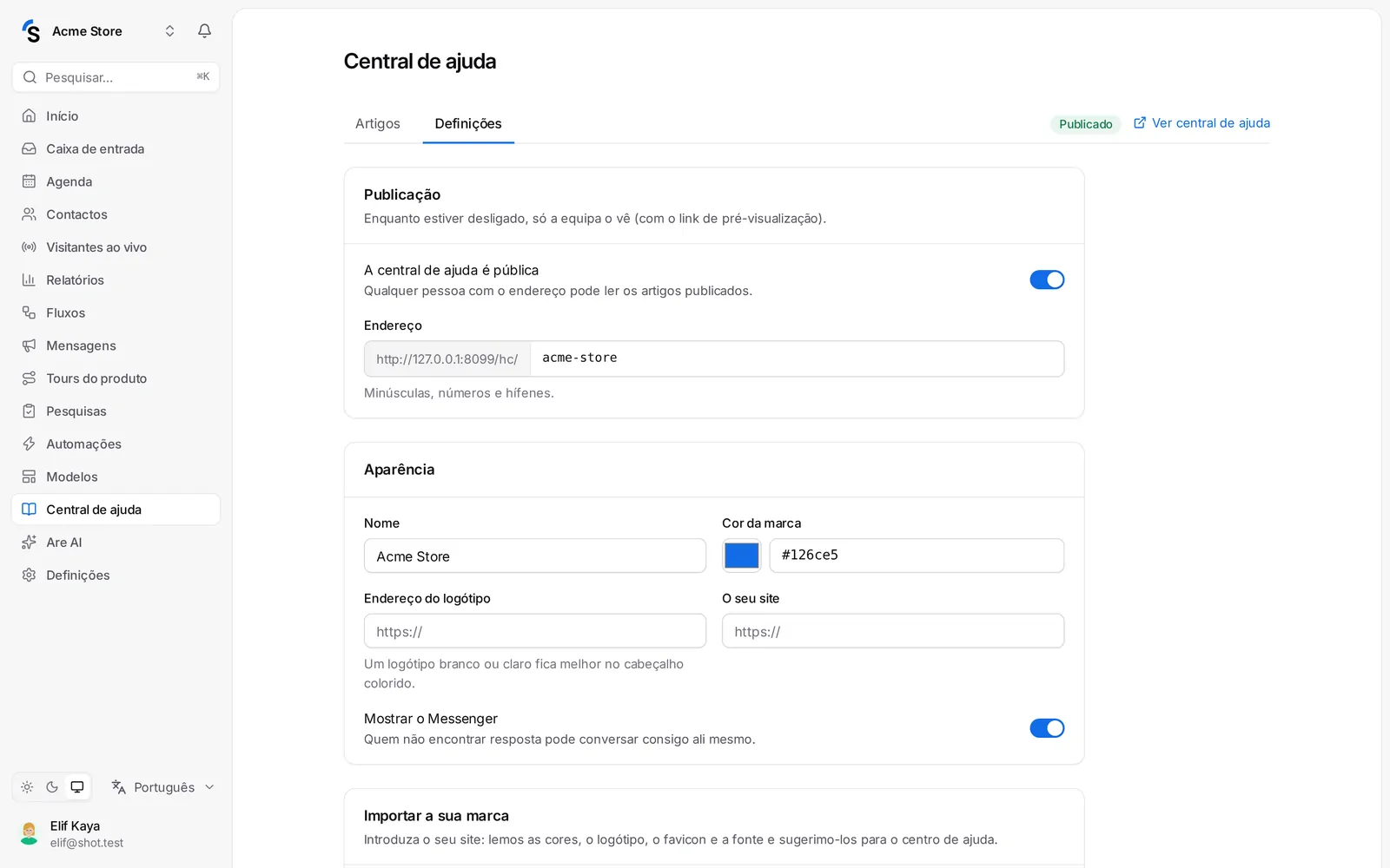 Central de ajuda → Definições