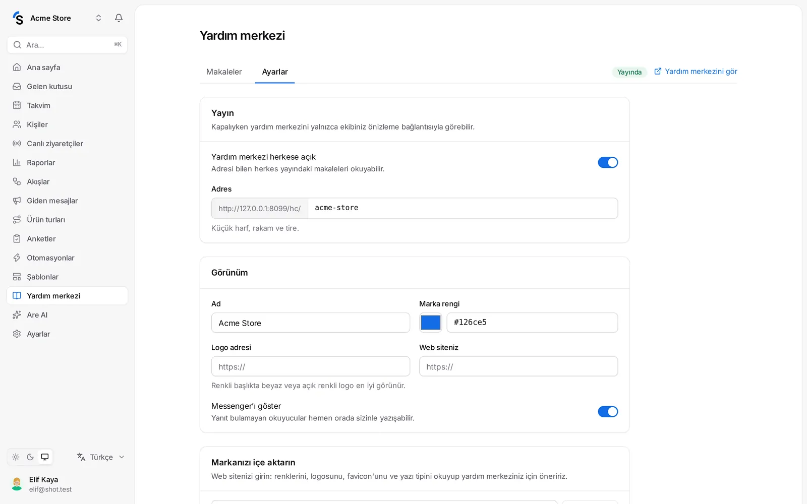 Yardım merkezi → Ayarlar