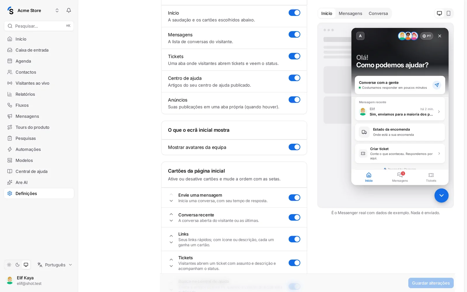 Cartões da página inicial