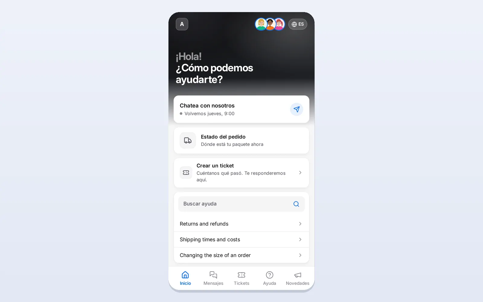 El inicio del Messenger tal como lo ven los visitantes