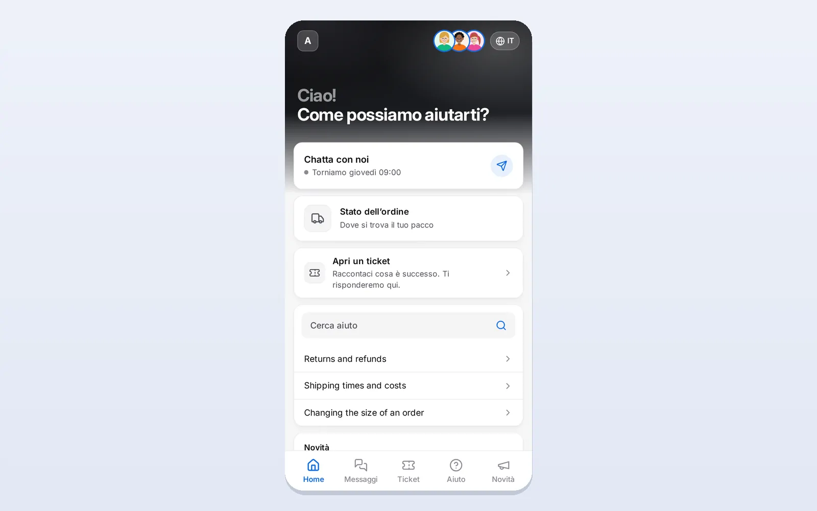 La home del Messenger come la vedono i visitatori