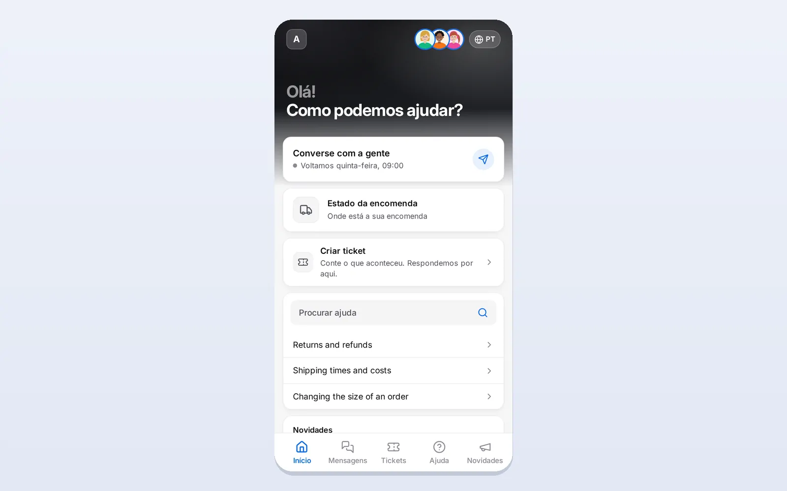 A página inicial do Messenger tal como os visitantes a veem