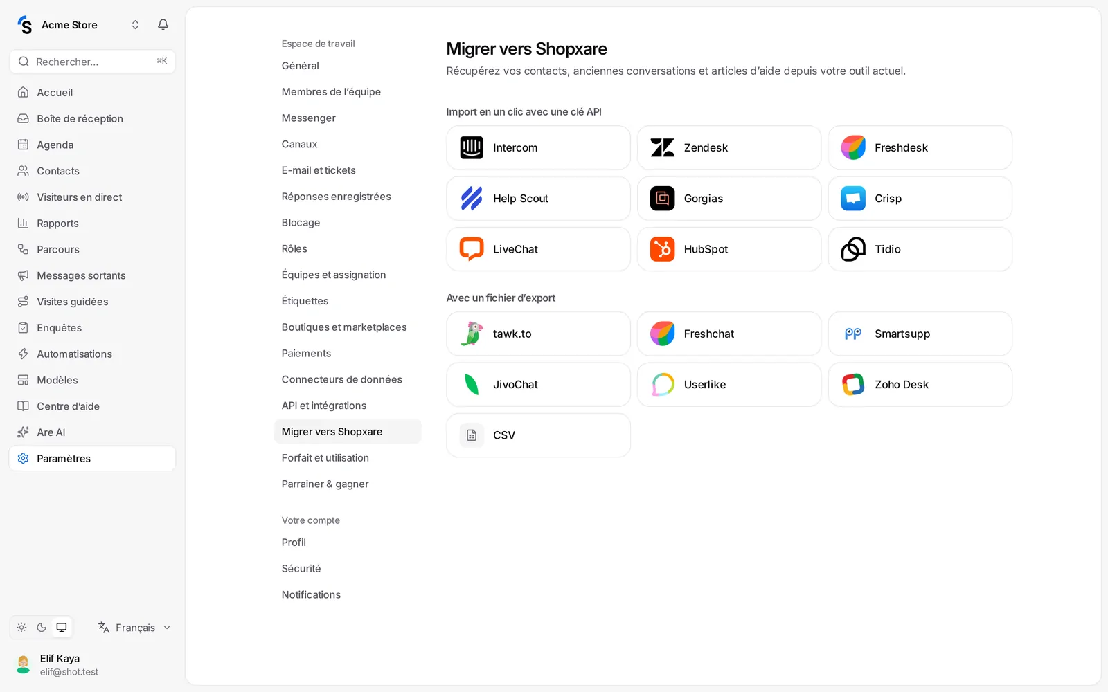 Paramètres → Migrer vers Shopxare