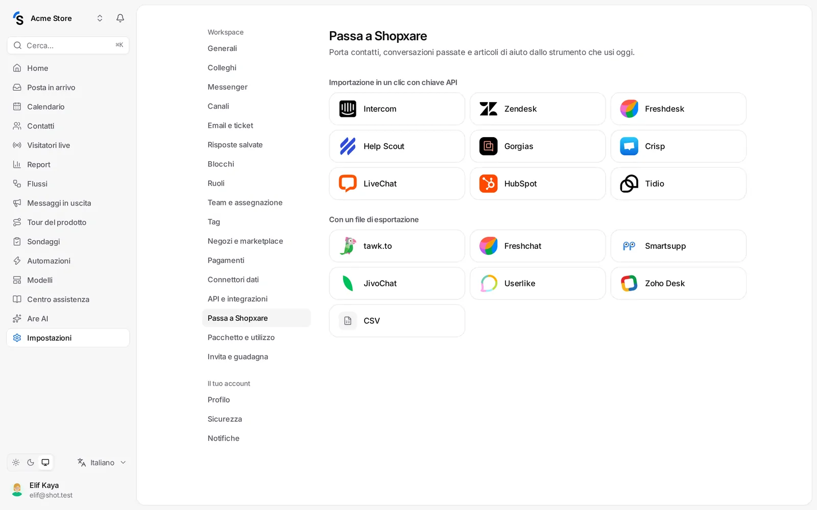 Impostazioni → Passa a Shopxare