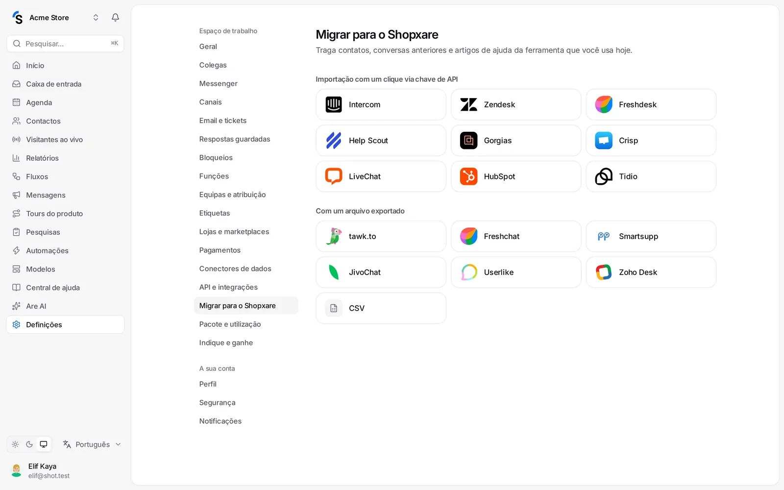 Definições → Migrar para o Shopxare