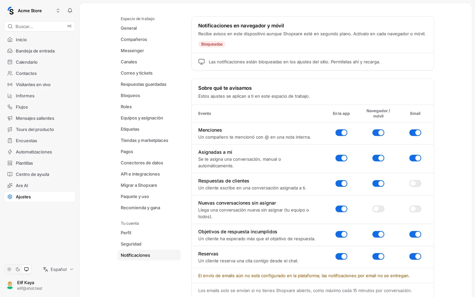Ajustes → Notificaciones