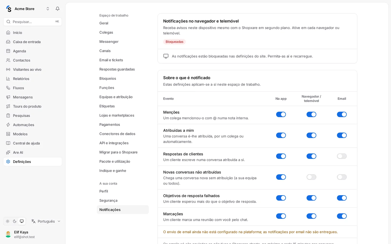 Definições → Notificações