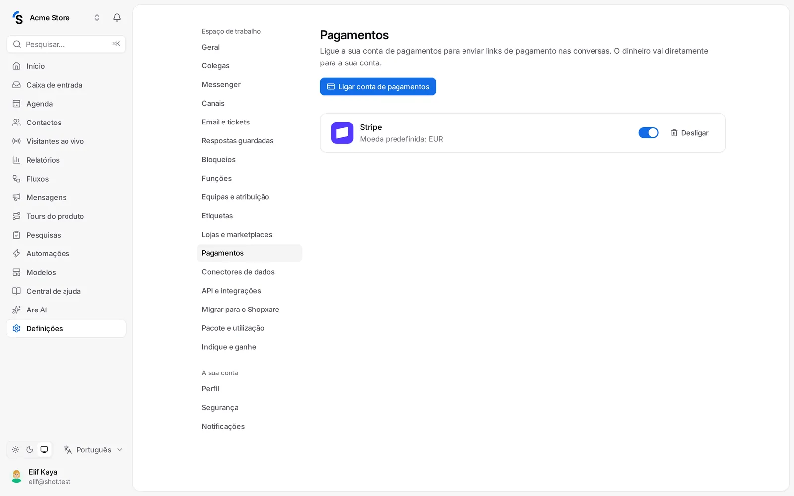 Definições → Pagamentos