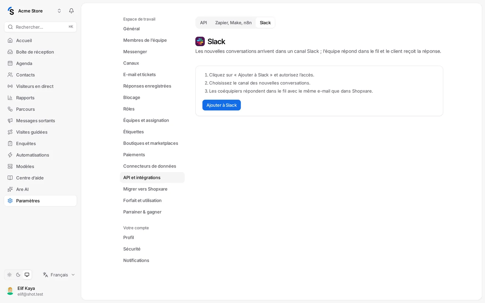 Paramètres Slack
