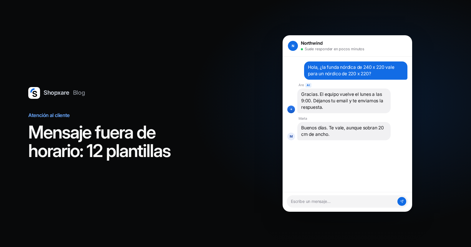 Portada: "Mensaje fuera de horario" con un Messenger que muestra una pregunta de noche, la respuesta automática con el lunes a las 9:00 y la respuesta del equipo