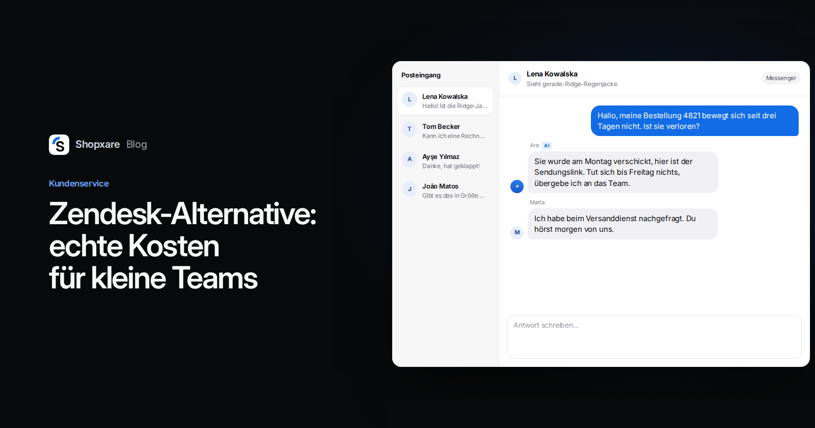 Cover mit dem Titel „Zendesk-Alternative: echte Kosten für kleine Teams" neben einem Shopxare-Postfach, in dem KI und Teammitglied eine Bestellfrage beantworten