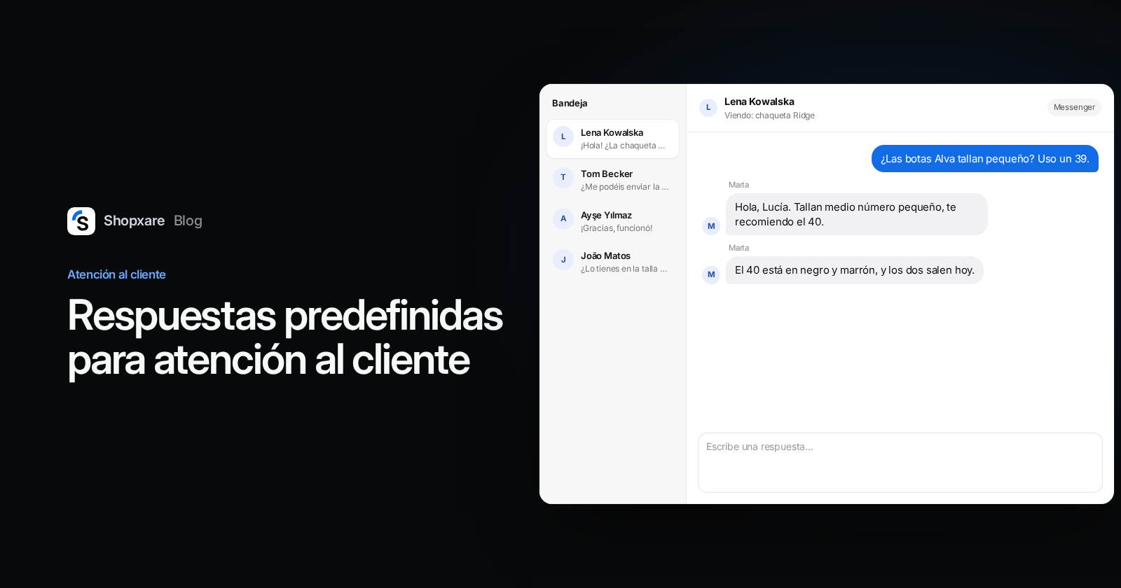 Portada: título "Respuestas predefinidas para atención al cliente" junto a una bandeja de entrada donde una agente responde una duda de talla con una respuesta guardada