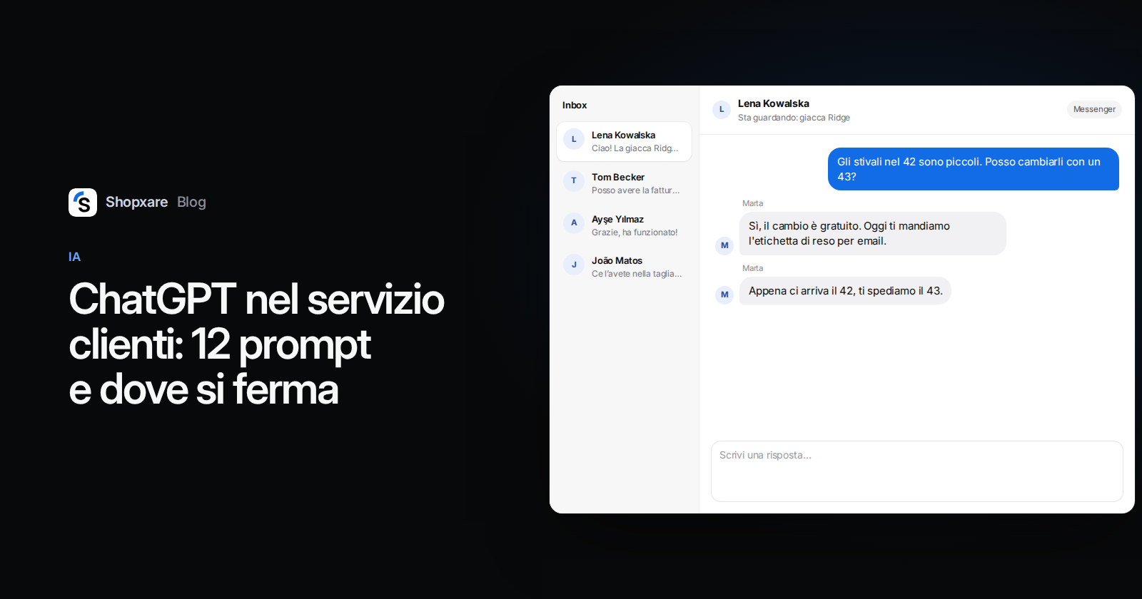 Copertina: titolo "ChatGPT nel servizio clienti" accanto a una inbox di Shopxare dove si risponde a un cambio taglia
