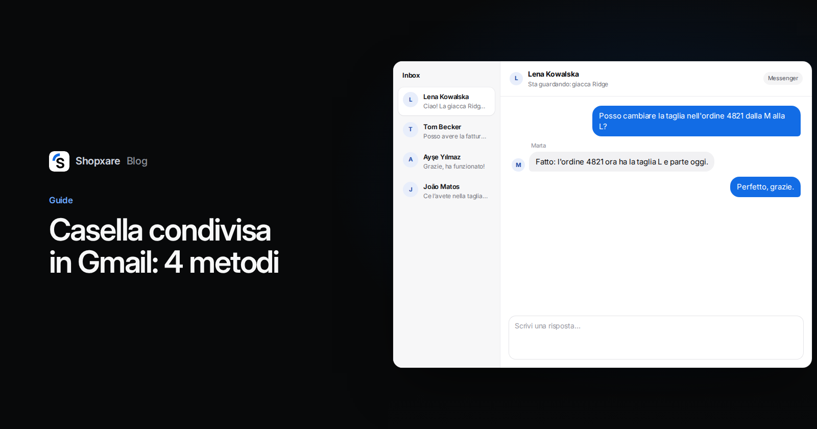 Copertina: "Casella condivisa in Gmail: 4 metodi" accanto a una casella del team che risponde a una modifica d'ordine