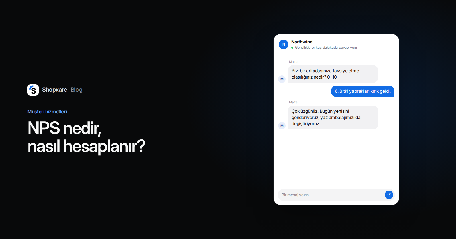 NPS nedir, nasıl hesaplanır başlıklı Shopxare kapağı; Messenger'da müşteri 6 puan veriyor ve ekip yanıtlıyor