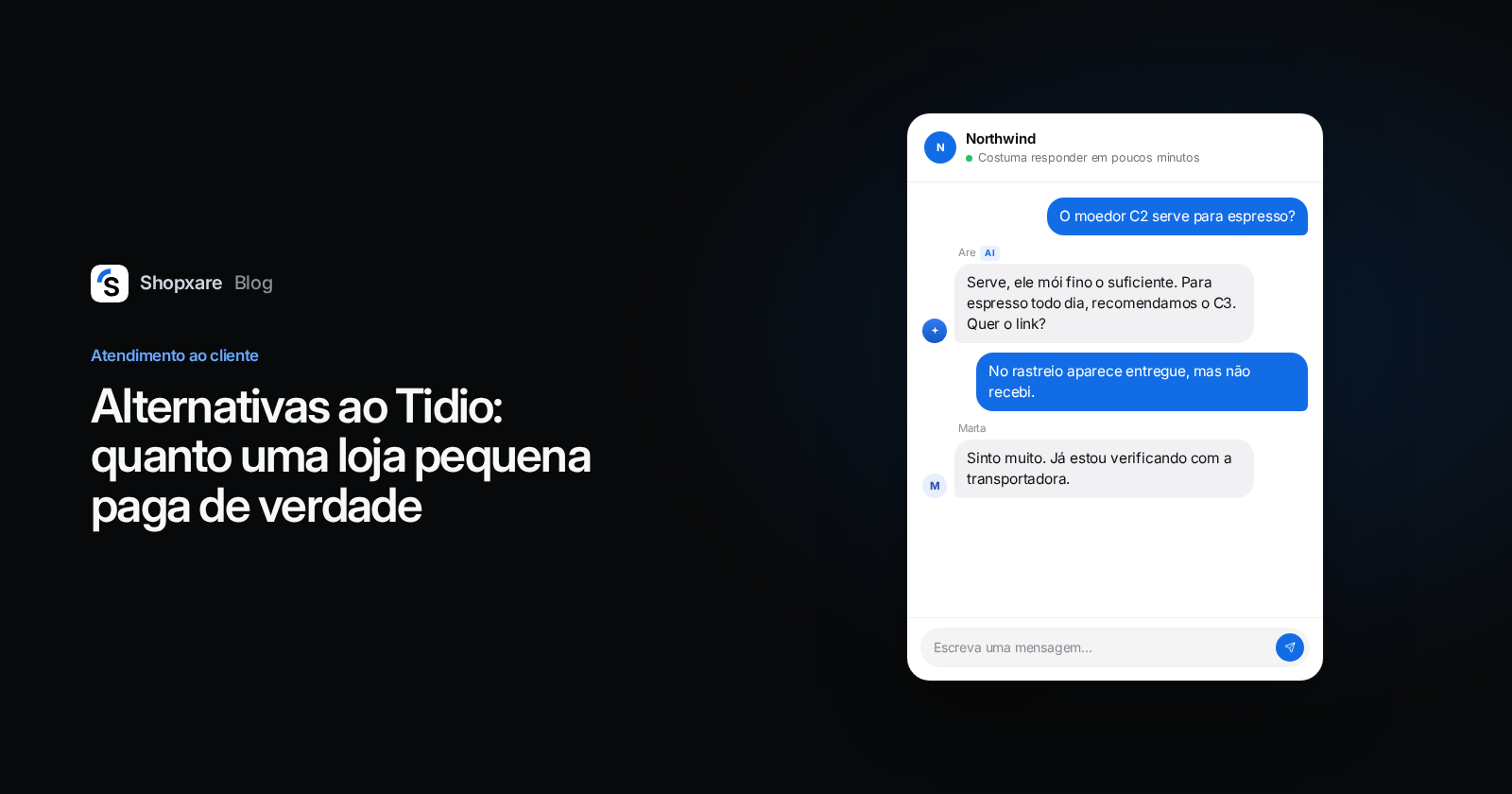 Capa do Shopxare: título "Alternativas ao Tidio" ao lado de um chat do site em que a IA responde sobre um produto e um atendente cuida de uma entrega