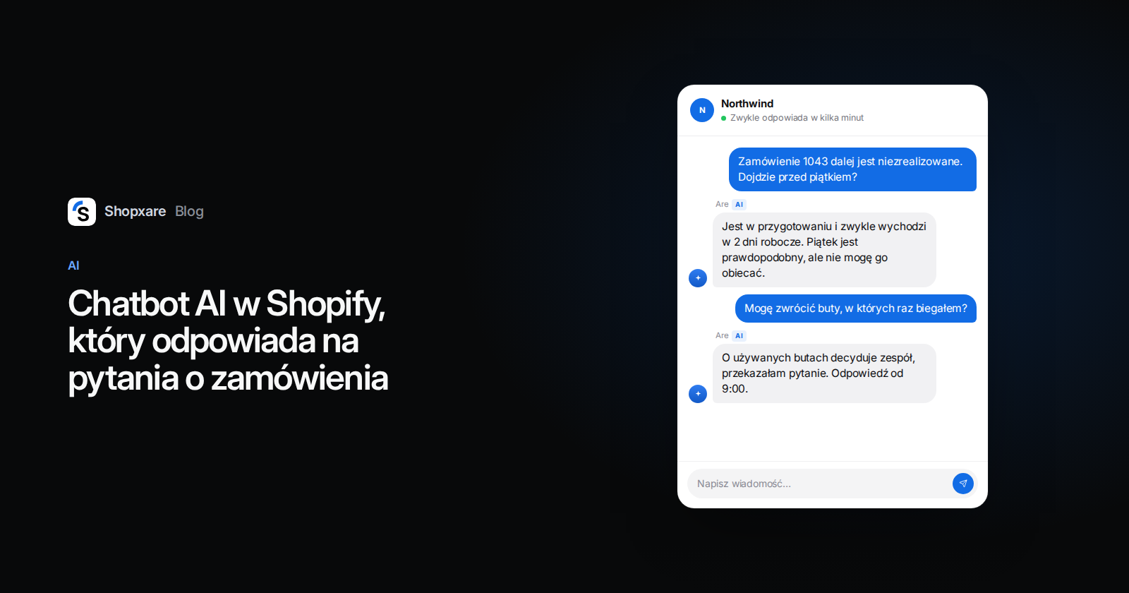 Okładka: „Chatbot AI w Shopify, który odpowiada na pytania o zamówienia" obok czatu na stronie, w którym AI odpowiada o status zamówienia i zwrot