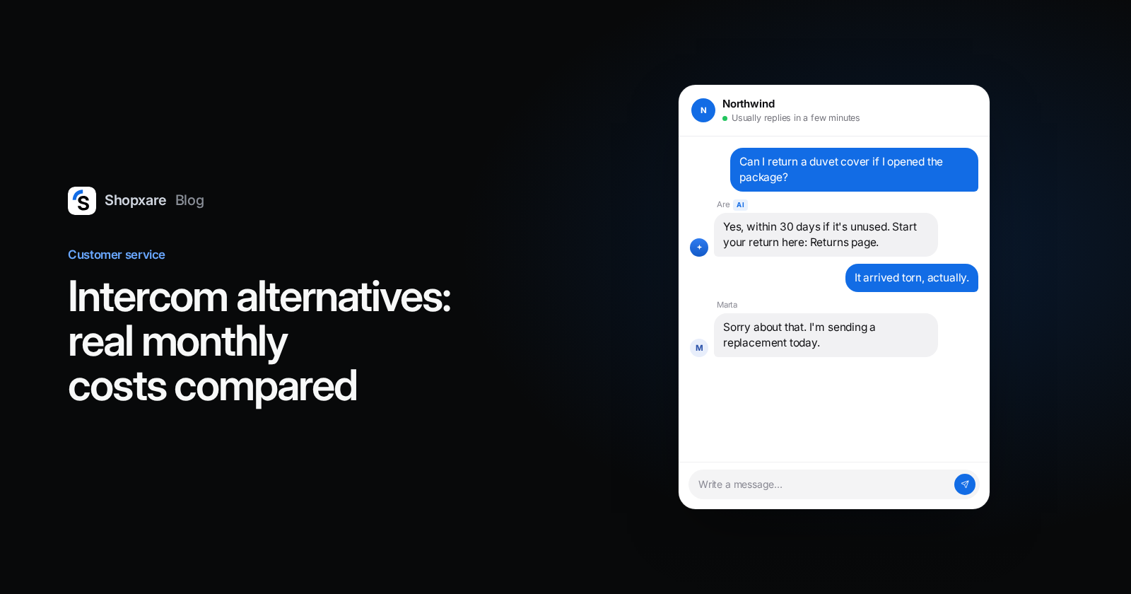 Cover with the title "Intercom alternatives: real monthly costs compared" next to a website chat where an AI agent answers a return question and a teammate takes over.