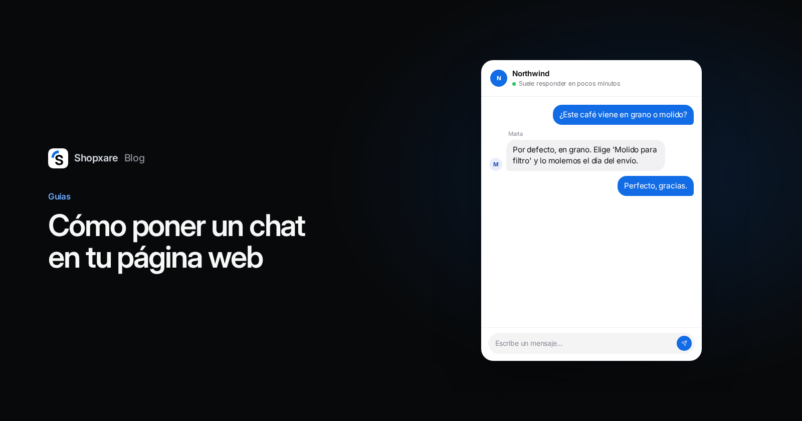 Portada: "Cómo poner un chat en tu página web" junto a una ventana de chat donde alguien pregunta si el café viene en grano o molido y la tienda responde.