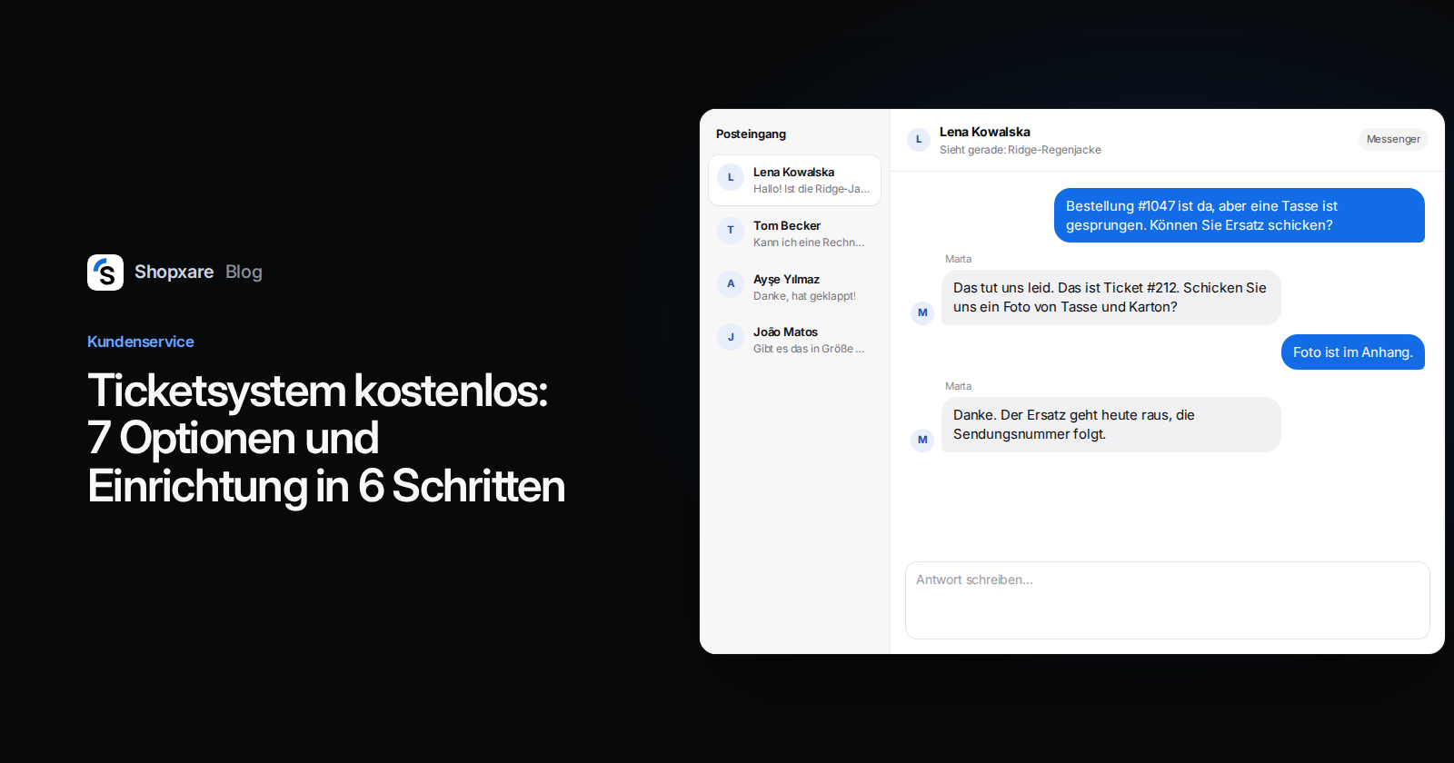 Cover: Titel "Ticketsystem kostenlos" neben einem Shopxare-Team-Posteingang mit Ticket #212 zu einer gesprungenen Tasse