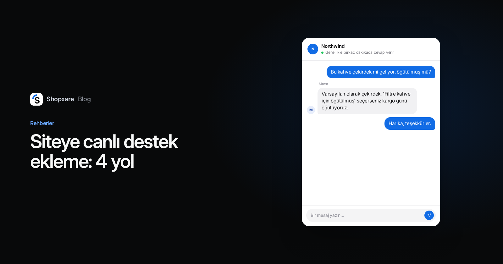 Kapak: "Siteye canlı destek ekleme: 4 yol" başlığının yanında, ziyaretçinin kahvenin çekirdek mi öğütülmüş mü olduğunu sorduğu ve mağazanın yanıtladığı bir sohbet penceresi.