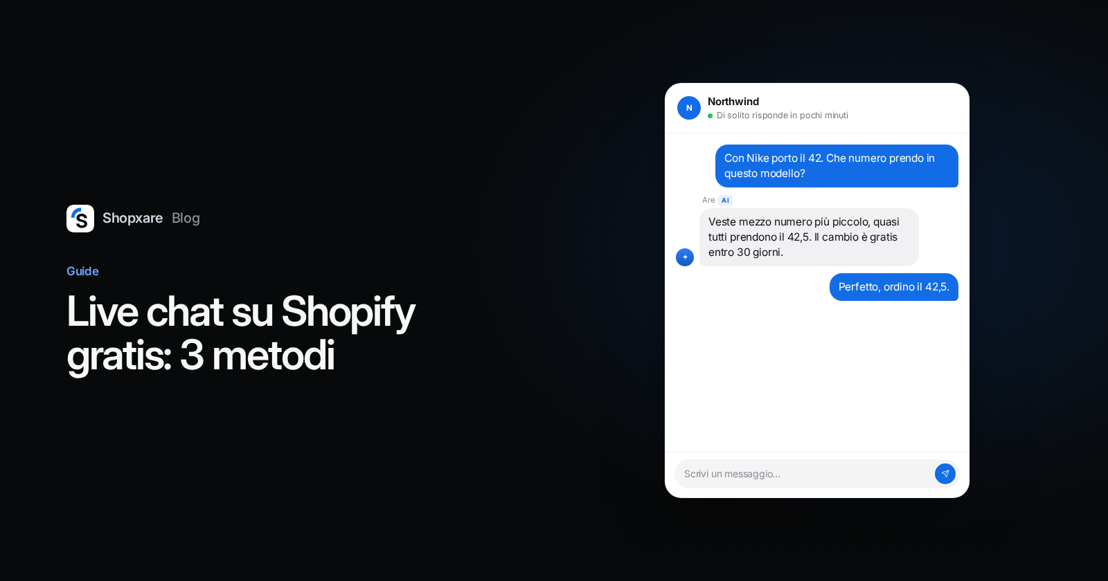 Copertina: "Live chat su Shopify gratis: 3 metodi" accanto al Messenger di Shopxare che risponde a una domanda sulla taglia