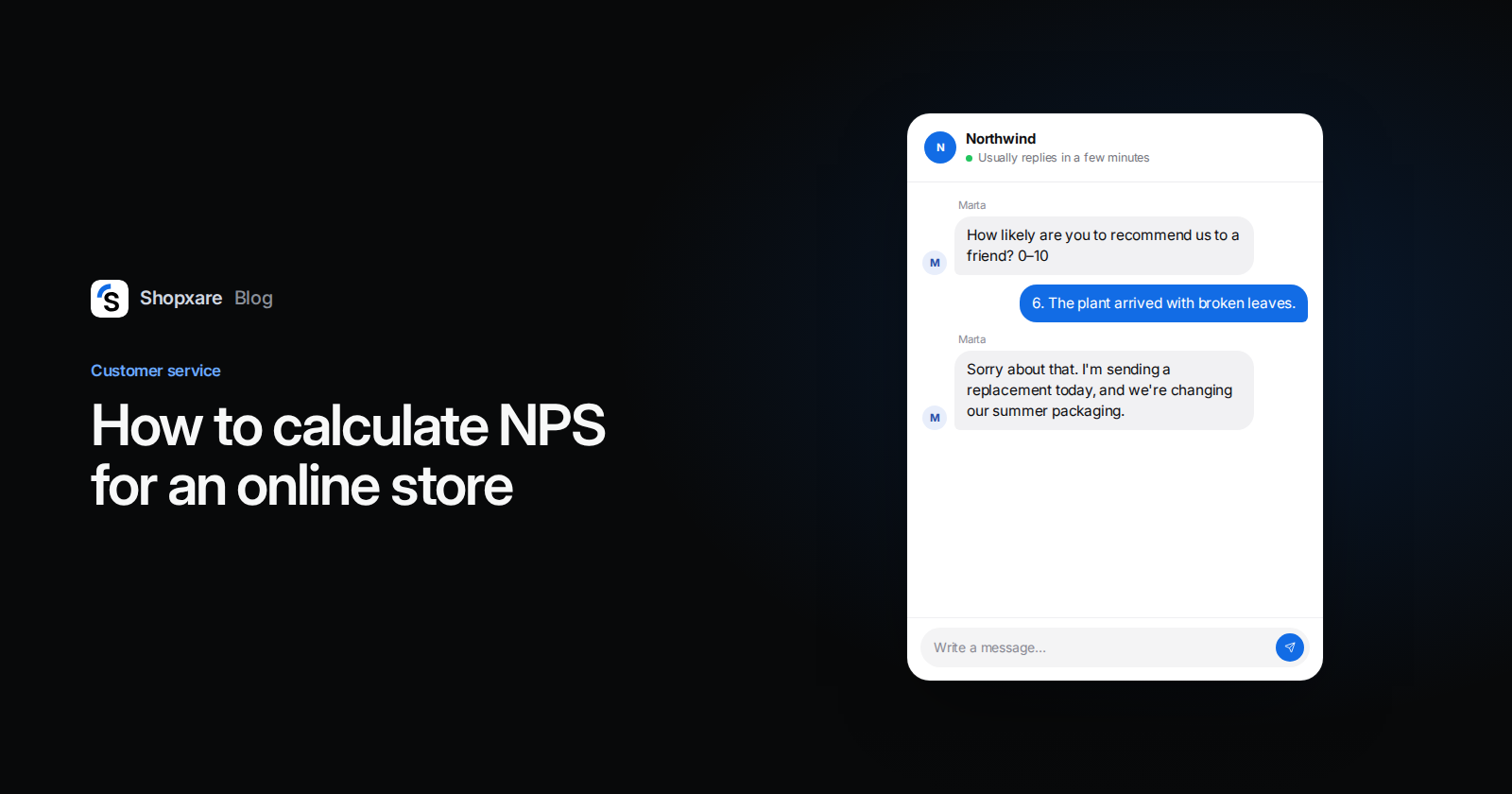 Shopxare cover with the title How to calculate NPS for an online store and a Messenger chat where a customer gives a 6 and the team replies