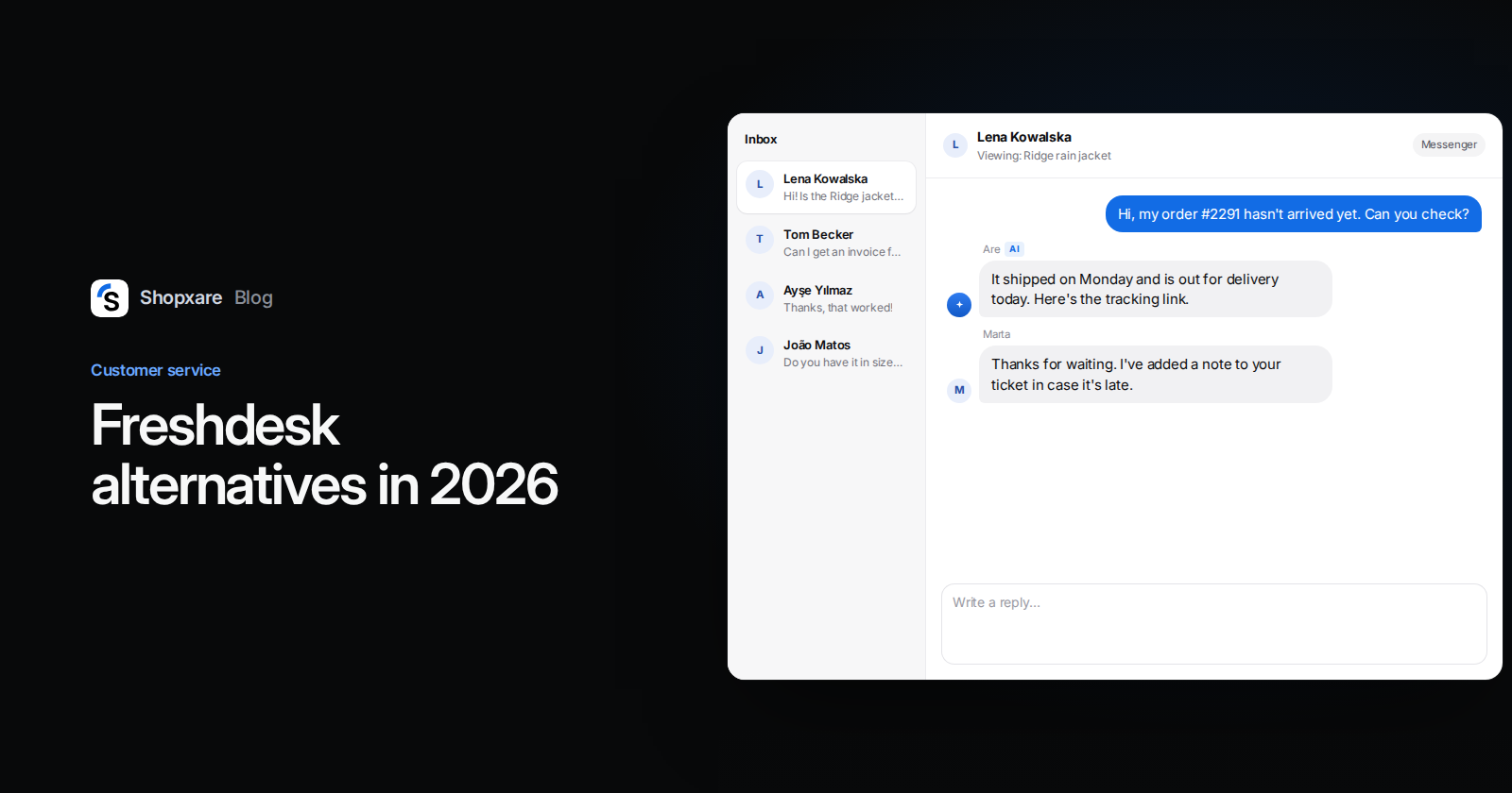 Cover: "Freshdesk alternatives in 2026" next to a team inbox where AI and an agent answer an order question