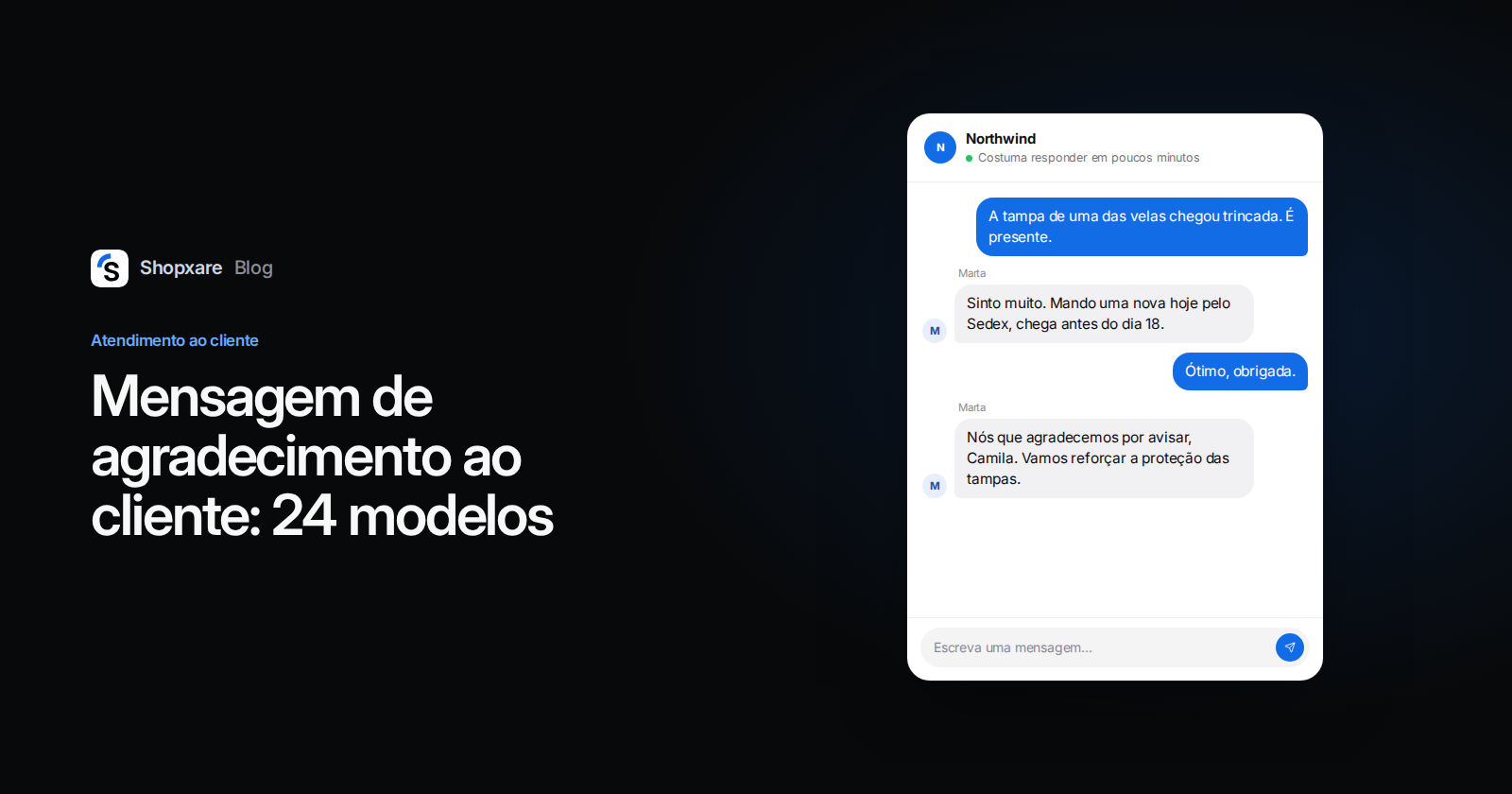 Capa: título "Mensagem de agradecimento ao cliente: 24 modelos" ao lado de um chat do site em que a loja agradece a cliente por avisar sobre uma tampa trincada