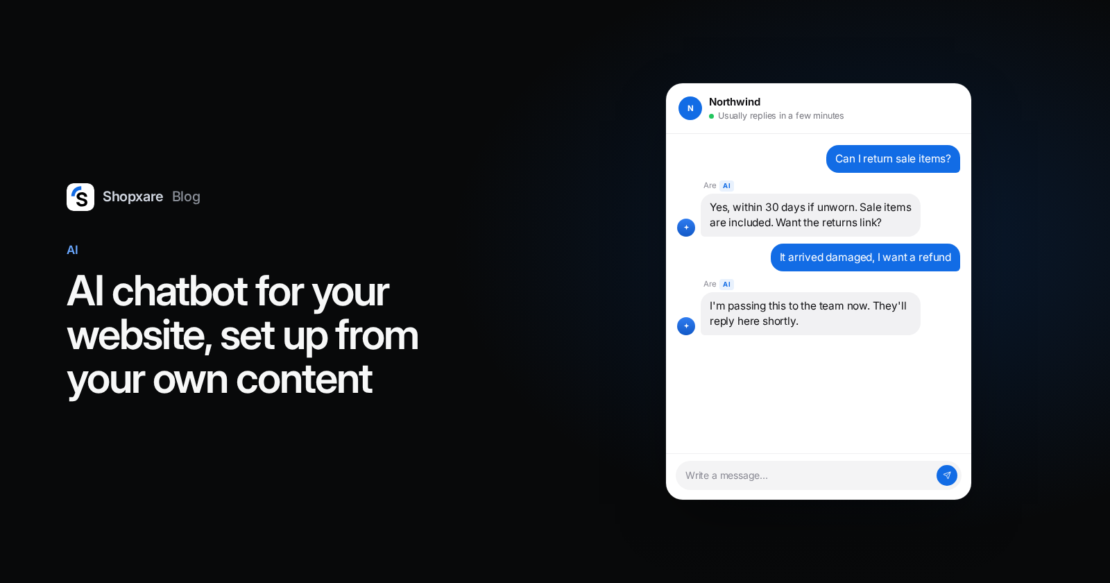 Cover: the title "AI chatbot for your website" next to a website chat where an AI answers a returns question and hands a damaged-item refund to the team