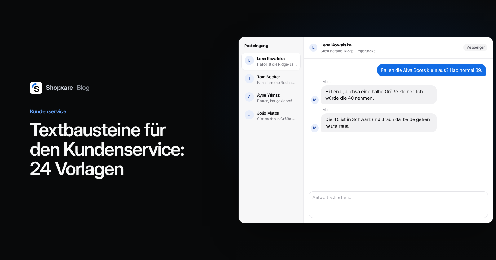 Titelbild: „Textbausteine für den Kundenservice" neben einem Team-Posteingang, in dem eine Agentin eine Größenfrage mit einem angepassten Textbaustein beantwortet