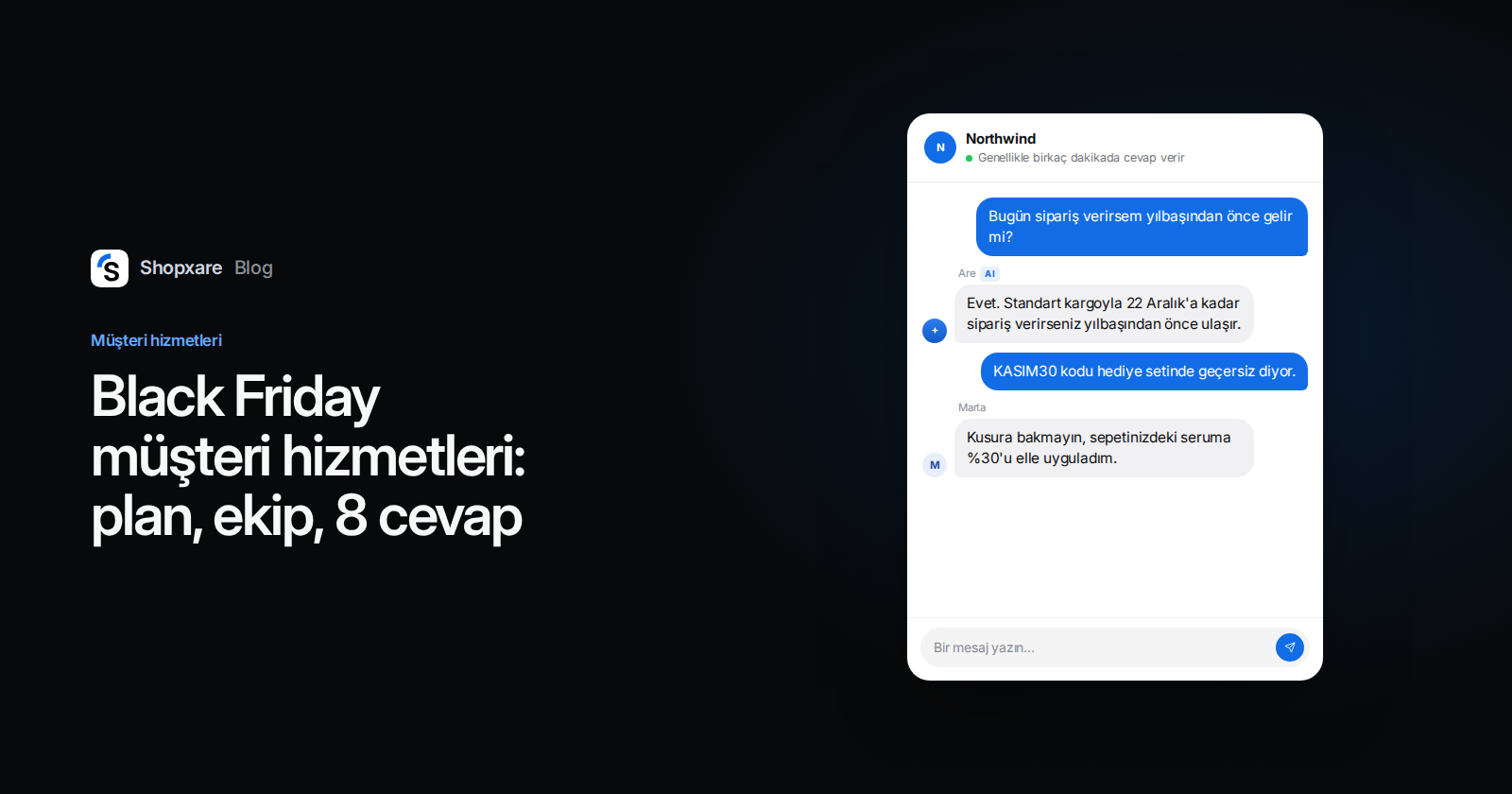Shopxare kapağı: Black Friday müşteri hizmetleri planı, yılbaşı teslimatı ve indirim kodu hakkında bir Messenger sohbeti