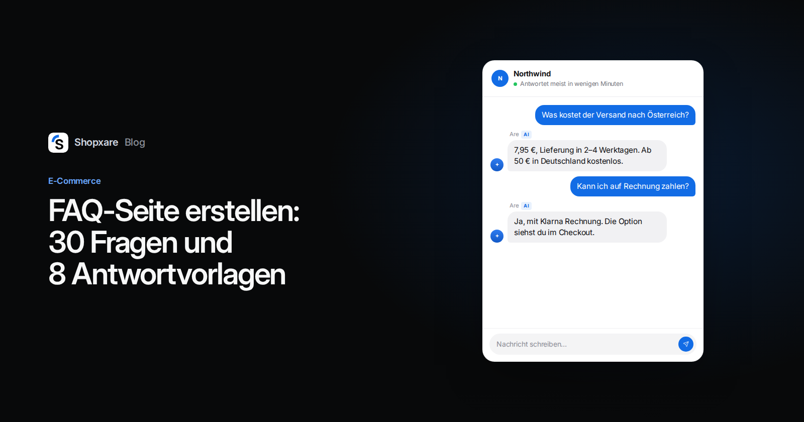 Shopxare-Cover: Titel "FAQ-Seite erstellen" neben einem Website-Chat, in dem Are AI Fragen zu Versand und Zahlung beantwortet