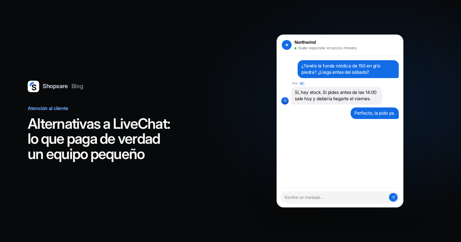 Portada: título "Alternativas a LiveChat" junto al Messenger de Shopxare, donde un agente de IA responde una pregunta de stock y entrega.