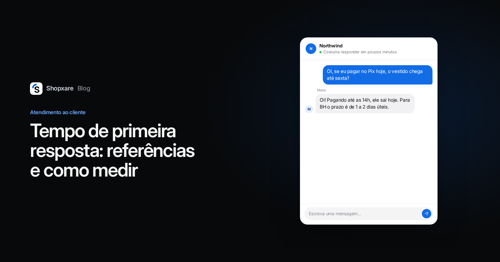 Capa: título "Tempo de primeira resposta" à esquerda e uma conversa no Messenger à direita com uma pergunta sobre prazo de entrega e a resposta da loja