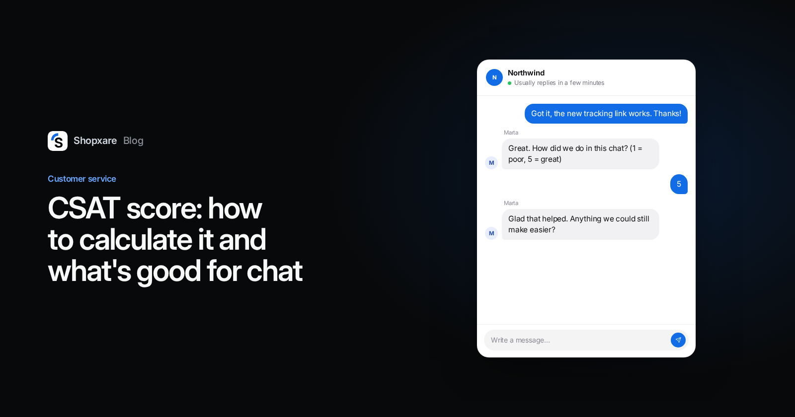Cover: the Shopxare Messenger asking a customer to rate the chat from 1 to 5 after the issue is solved, next to the title about CSAT score.