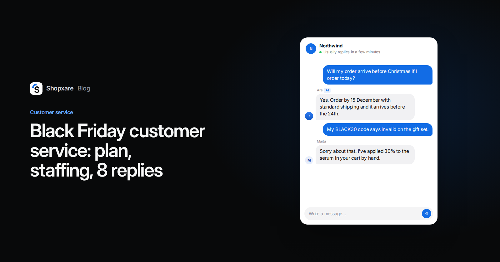 Shopxare cover: Black Friday customer service plan, with a Messenger chat about Christmas delivery and a discount code