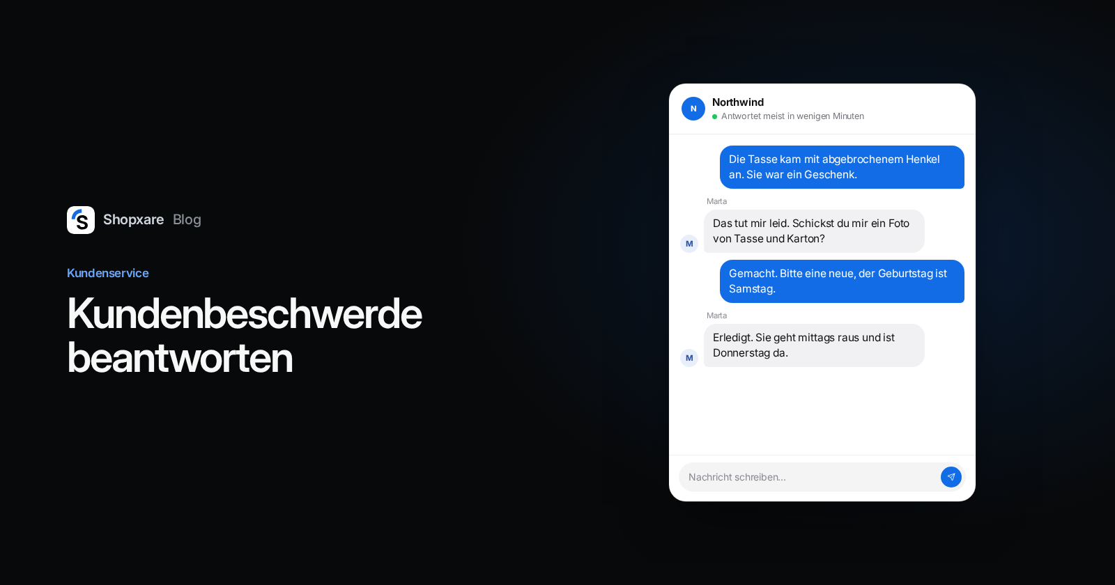 Cover: „Kundenbeschwerde beantworten“ neben einem Chat, in dem ein Shop eine kaputte Tasse mit Liefertermin ersetzt