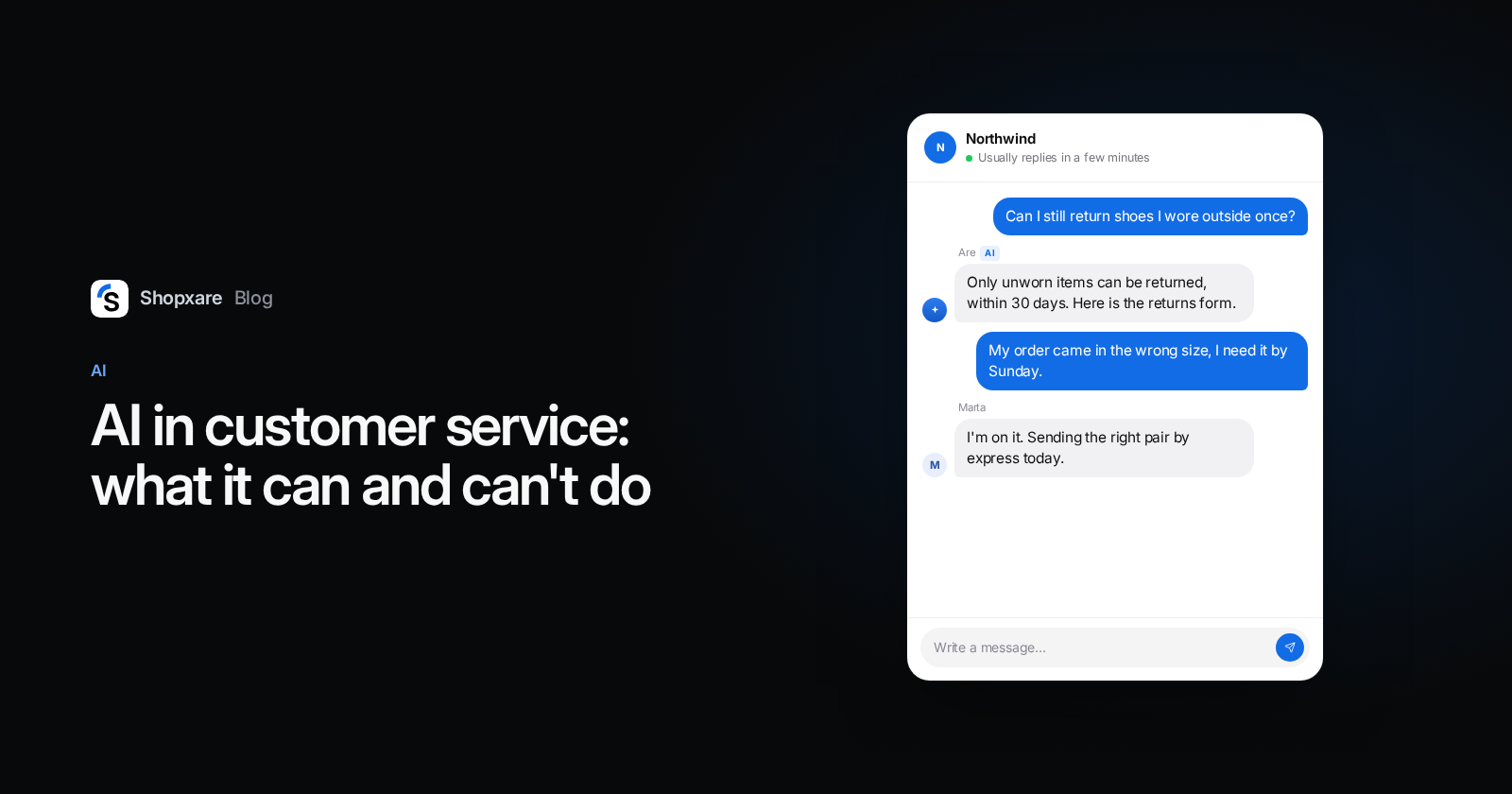 Cover: AI in customer service, with a chat where the AI answers a returns question and a teammate takes over a wrong-size order