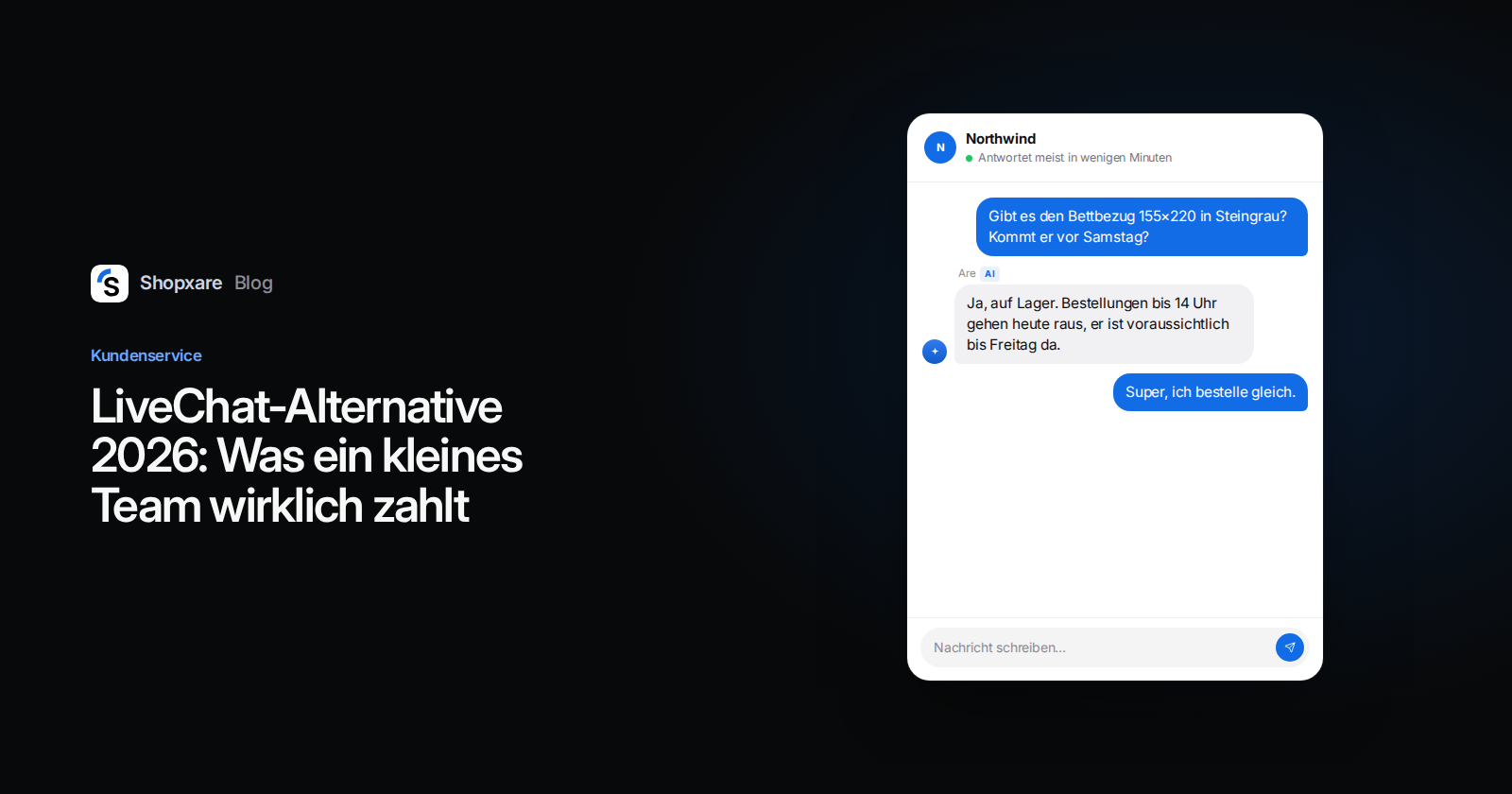 Cover: Titel „LiveChat-Alternative 2026“ neben dem Shopxare Messenger, in dem ein KI-Agent eine Frage zu Lager und Lieferzeit beantwortet.