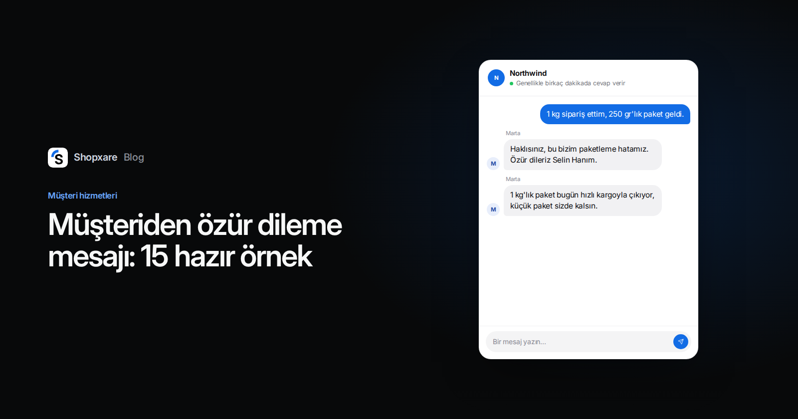 Shopxare kapağı: mağaza temsilcisi Messenger'da yanlış kahve paketi için özür diliyor ve hızlı kargoyla yeniden gönderim öneriyor.