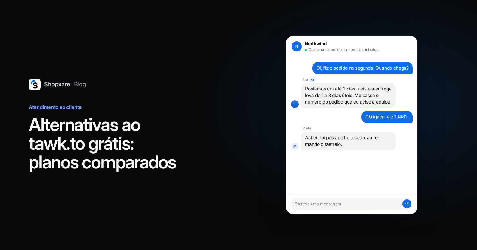 Capa do Shopxare: título "Alternativas ao tawk.to grátis" ao lado do Messenger, onde o Are AI responde uma dúvida de frete e uma atendente continua