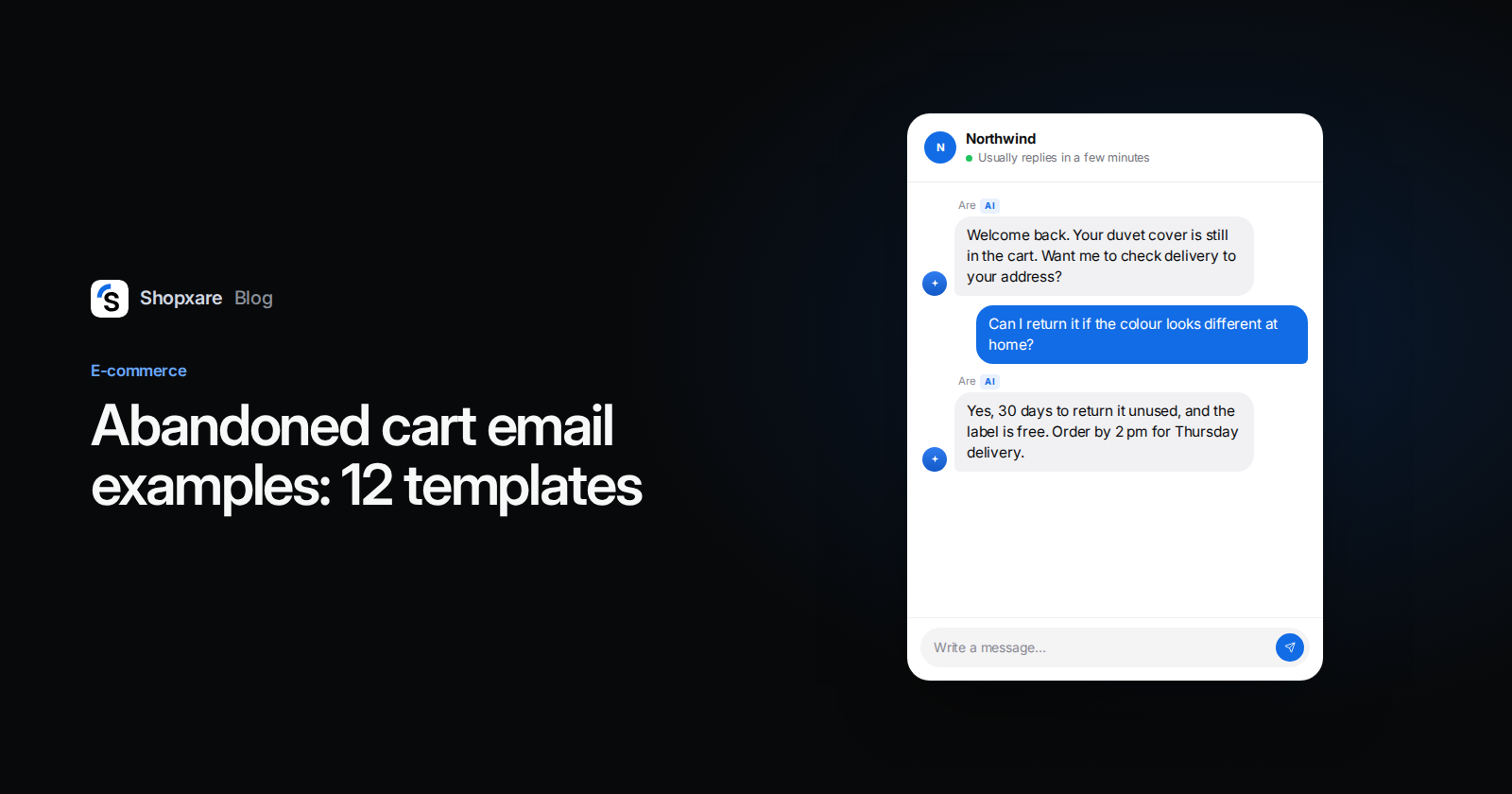 Cover: abandoned cart email examples, with a chat where a returning shopper asks about returns before ordering