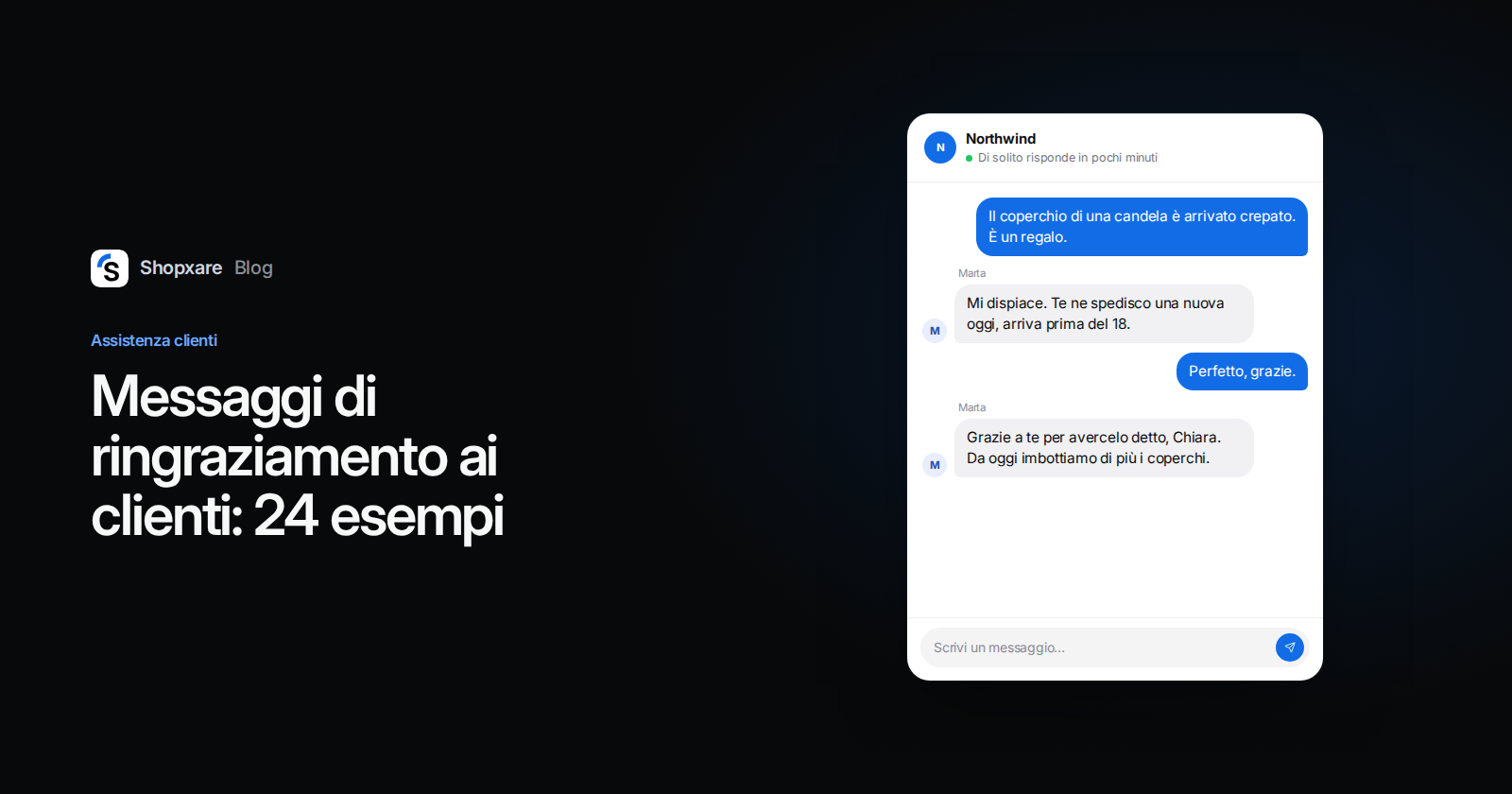 Copertina: titolo "Messaggi di ringraziamento ai clienti: 24 esempi" accanto a una chat del sito in cui un negozio ringrazia una cliente per aver segnalato un coperchio crepato