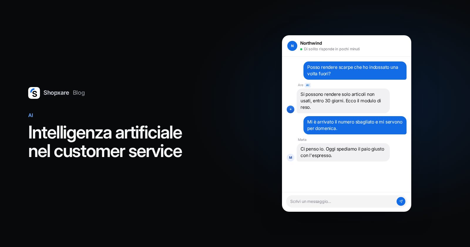 Copertina: intelligenza artificiale nel customer service, una chat in cui l'AI risponde su un reso e una collega gestisce un numero sbagliato