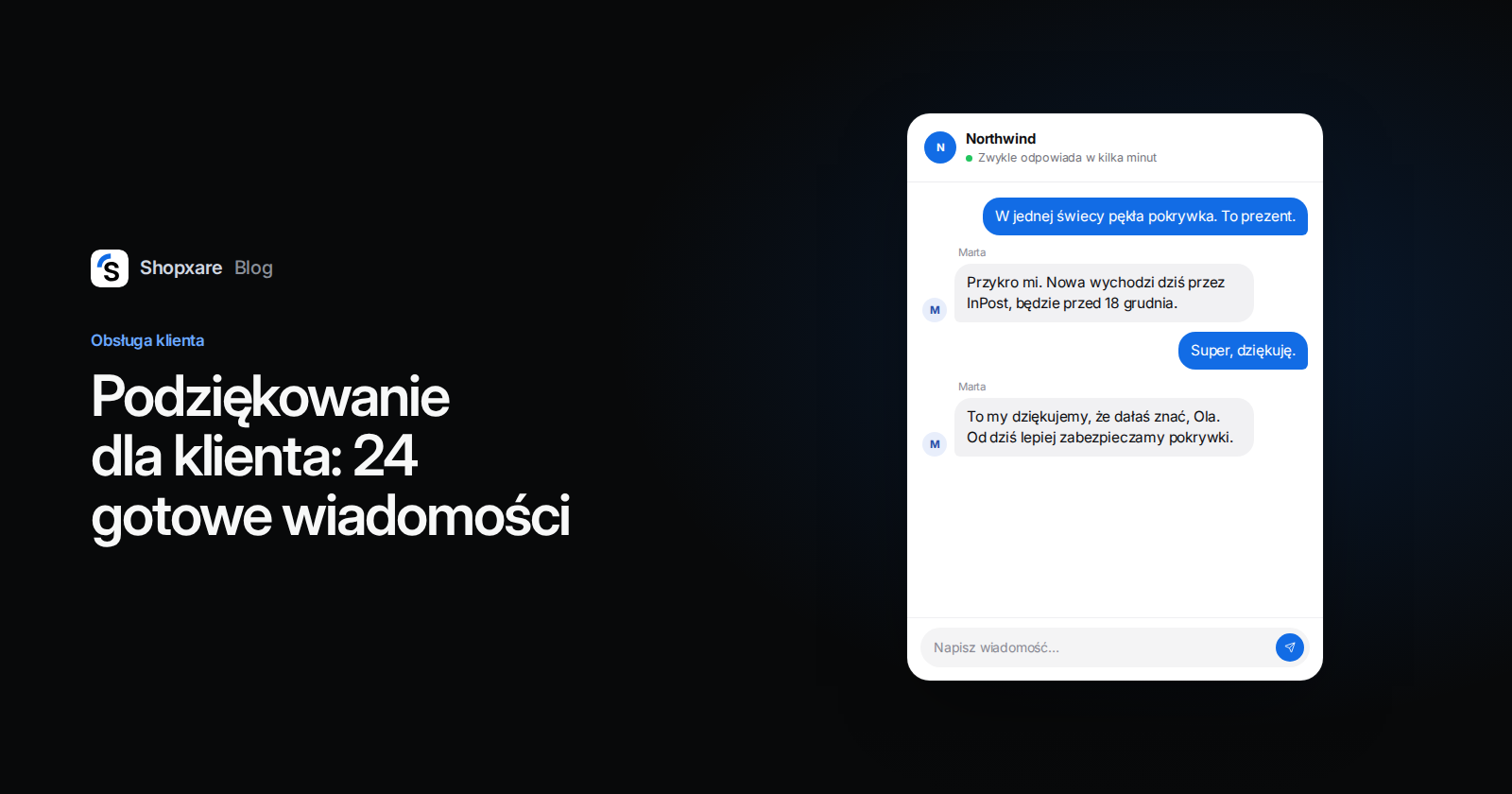 Okładka: tytuł „Podziękowanie dla klienta: 24 gotowe wiadomości” obok czatu na stronie, w którym sklep dziękuje klientce za zgłoszenie pękniętej pokrywki